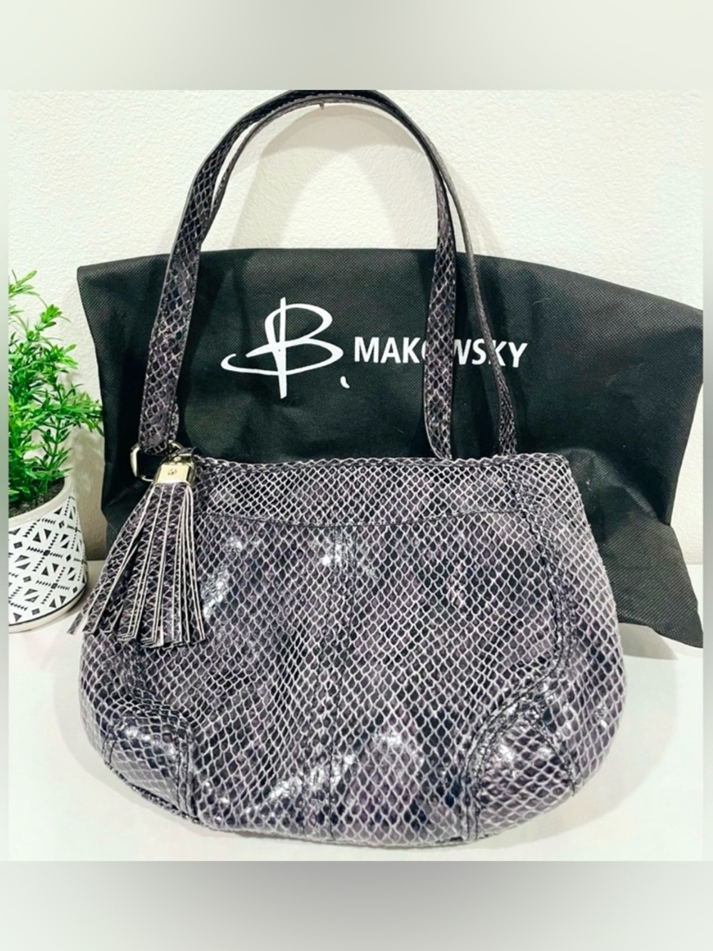EUC B Makowski Purple Snakeskin Leather Shoulder Bag x Body Conversion Purse
